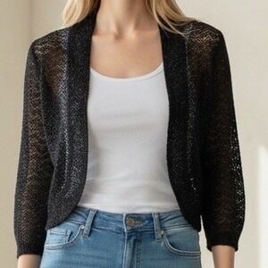 Tribal Womens Black Sequin Pointelle Knit Bolero Shrug Cardigan Medium Cropped